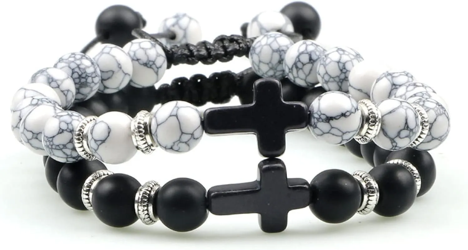 Classic 2pcs Cross Beaded Bracelets Handmade Natural Black Lava Tiger Eye Stone Bracelet Men Women Prayer Jewelry Couples Gifts,Matte-White