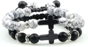 Classic 2pcs Cross Beaded Bracelets Handmade Natural Black Lava Tiger Eye Stone Bracelet Men Women Prayer Jewelry Couples Gifts,Matte-White