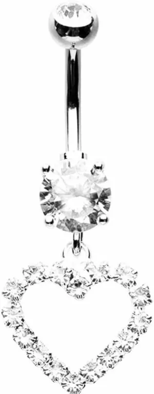 Classic Cubic Zirconia 14G 316L Surgical Steel CZ Heart Belly Ring - Clear Crystal