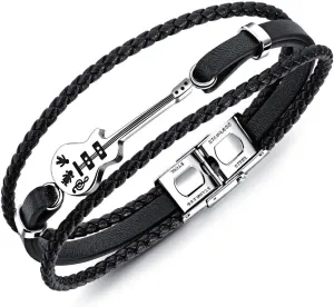 Classic Guitar Bass Bracelet for Men Multilayer Leather Stainless Steel Handmade Braided Rope Male Gift