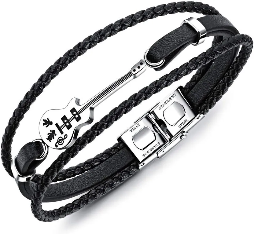 Classic Guitar Bass Bracelet for Men Multilayer Leather Stainless Steel Handmade Braided Rope Male Gift