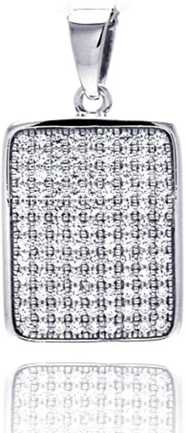 Clear Micro Pave Cubic Zirconia Classic Rectangle Pendant Rhodium Sterling Silver
