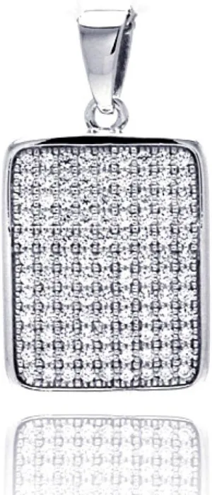 Clear Micro Pave Cubic Zirconia Classic Rectangle Pendant Rhodium Sterling Silver