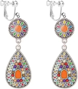 Clip on Earrings Ethnic Retro Bohemian Droplets Color Dress Mexico Gypsy Drop Dangle Earrings Women