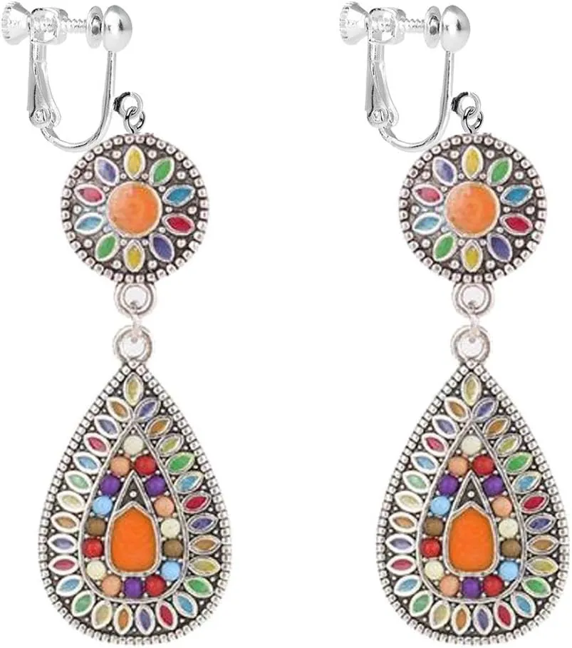 Clip on Earrings Ethnic Retro Bohemian Droplets Color Dress Mexico Gypsy Drop Dangle Earrings Women