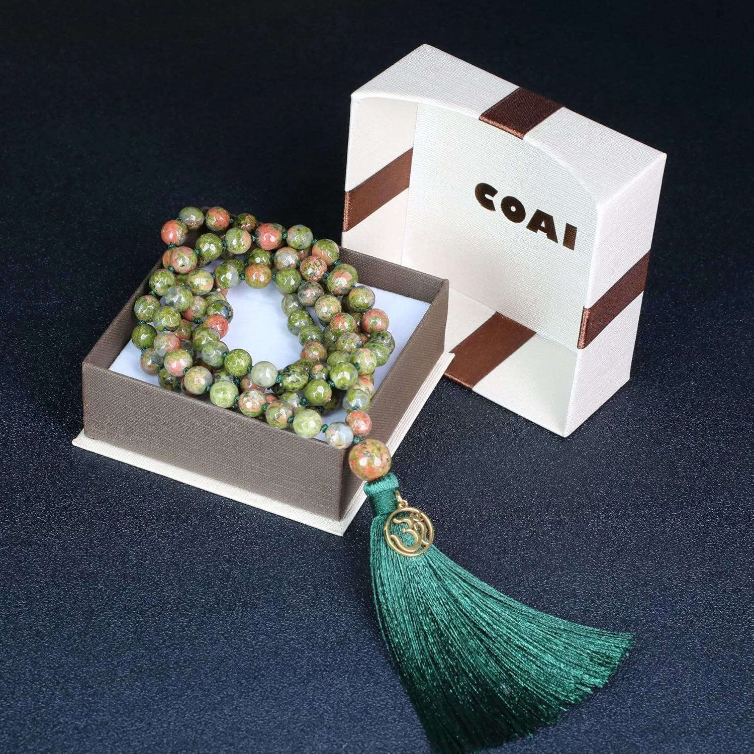 COAI OM Charm Hand Knotted Tassel 108 Mala Beads Necklace