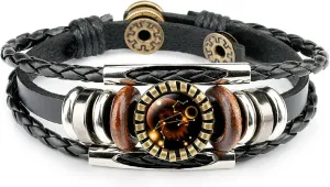 COLORFUL BLING 12 Zodiac Constellation Braided Leather Bracelet Hand Woven Retro Punk Alloy Leather Rope Bracelet Adjustable Charm Jewelry for Unisex Valentine's Day