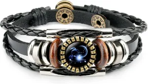 COLORFUL BLING 12 Zodiac Constellation Braided Leather Bracelet Hand Woven Retro Punk Alloy Leather Rope Bracelet Adjustable Charm Jewelry for Unisex Valentine's Day