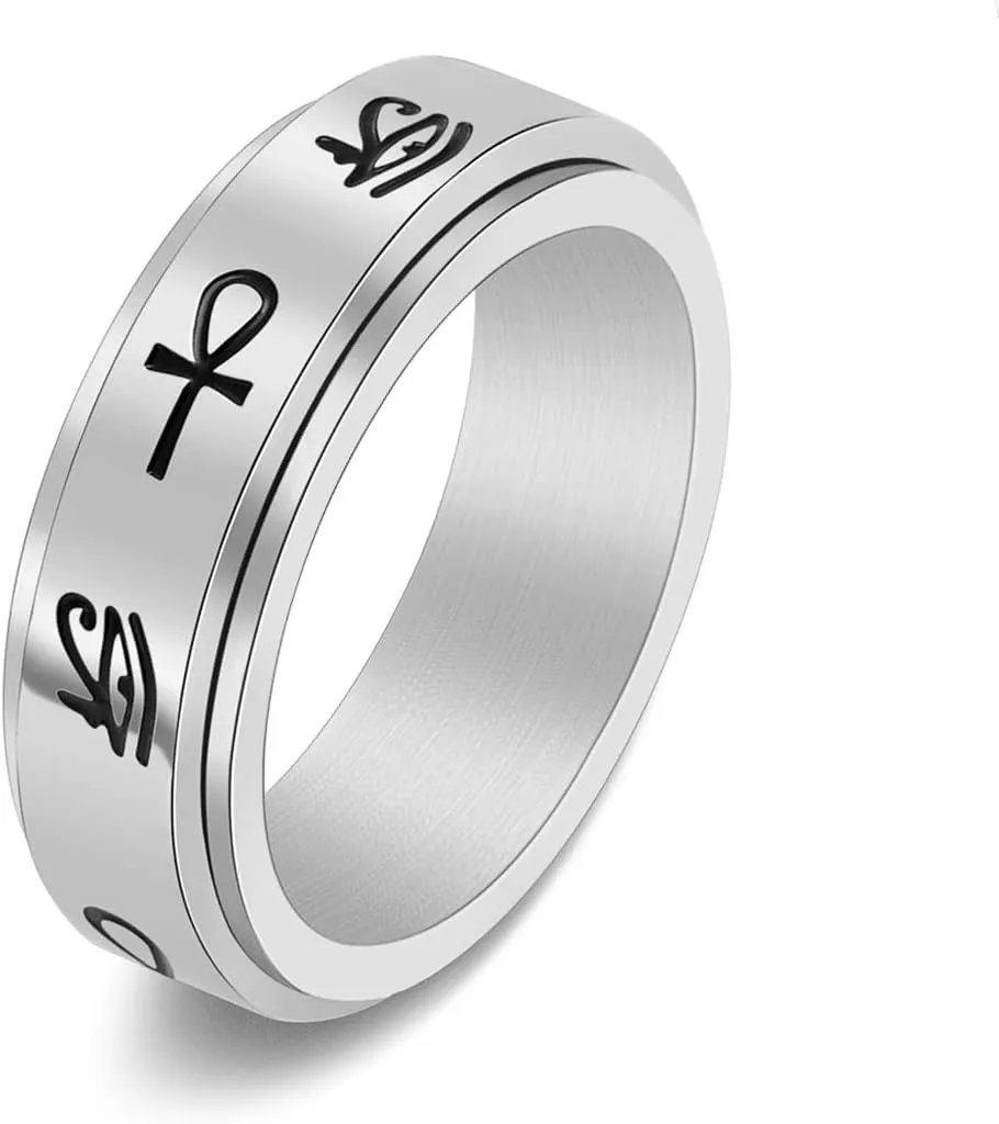 COLORFUL BLING Egypt Eye of Horus Cross Anxiety Spinner Ring Ankh Titanium Stainless Steel Rotating Fidget Ring Stress Relieving Wedding for Him Her Couple Promise Lover Jewelry