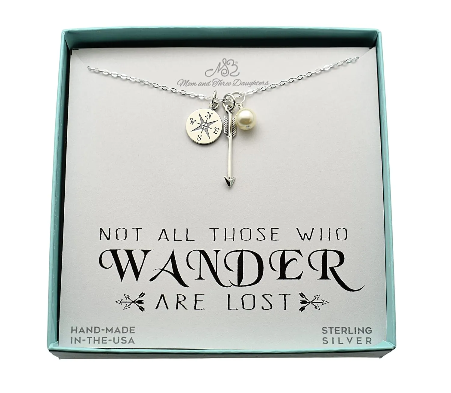 Compass Charm and Arrow Necklace Accented with a Crystal Pearl on an 18 Inch Sterling Silver Cable Chain. Compass Necklace. Retirement Gift. Gift for Traveler