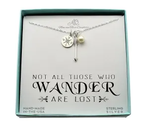 Compass Charm and Arrow Necklace Accented with a Crystal Pearl on an 18 Inch Sterling Silver Cable Chain. Compass Necklace. Retirement Gift. Gift for Traveler