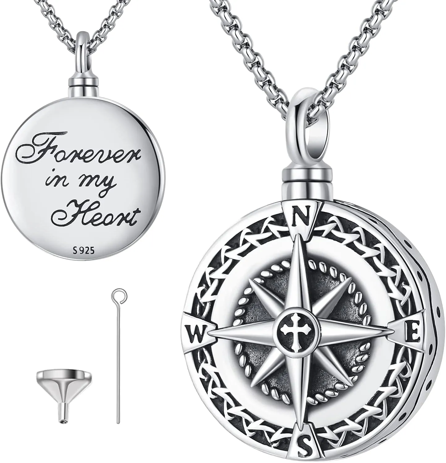 Compass Necklace for Women Men 925 Sterling Silver Pendant Urn Necklaces for Ashes Picture Locket Necklace Anchor Necklace Viking Necklace Crystals CZ Moonstone Abalone Shell Turquoise Compass Jewelry