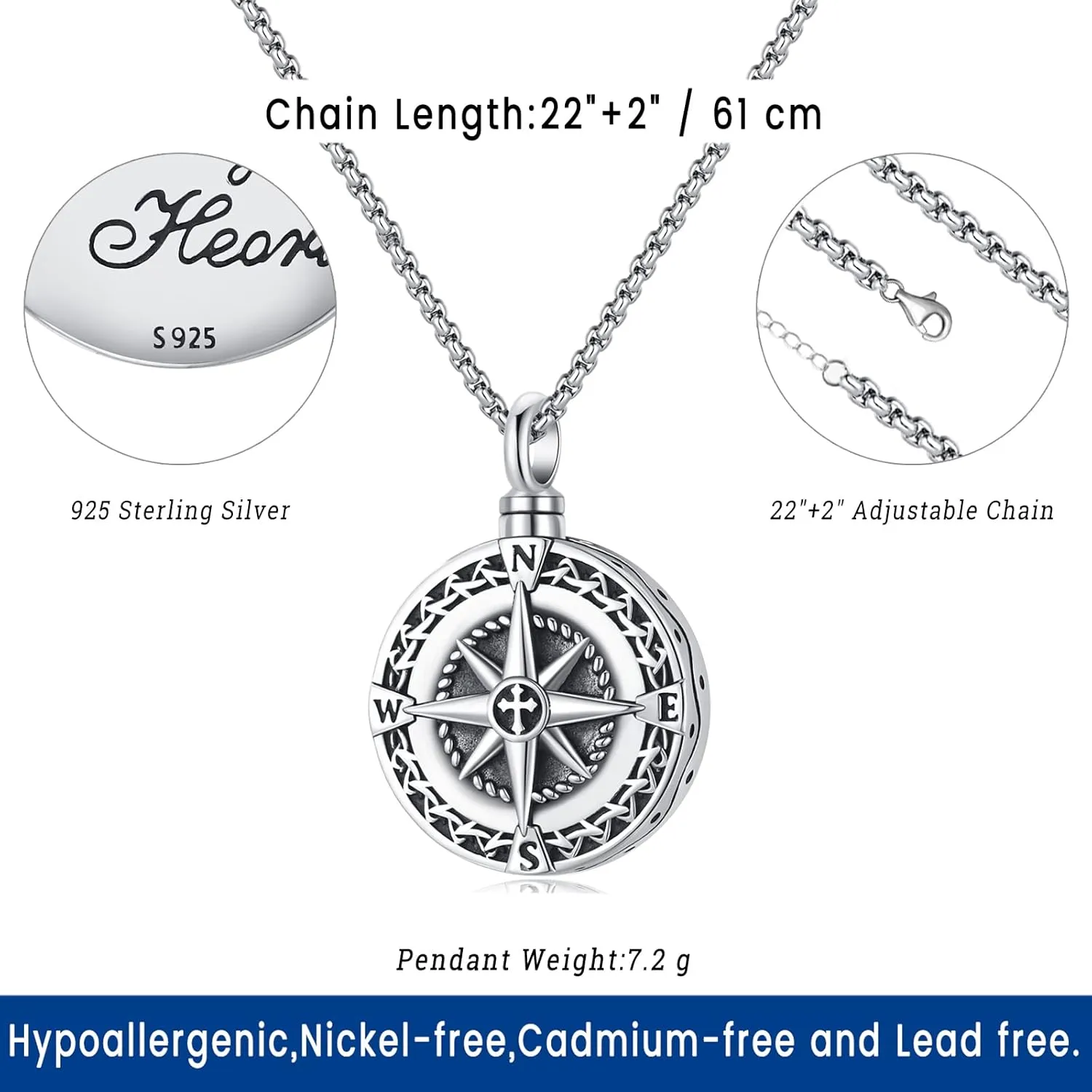 Compass Necklace for Women Men 925 Sterling Silver Pendant Urn Necklaces for Ashes Picture Locket Necklace Anchor Necklace Viking Necklace Crystals CZ Moonstone Abalone Shell Turquoise Compass Jewelry
