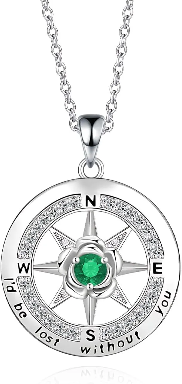 Compass Necklace Gifts for Women Wife, S925 Sterling Silver Birthstone Necklaces for Mom, I'd Be Lost Without You' Anniversary Birthday Gifts for Her, Valentines Day Christmas Gifts Jewelry for Women
