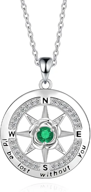 Compass Necklace Gifts for Women Wife, S925 Sterling Silver Birthstone Necklaces for Mom, I'd Be Lost Without You' Anniversary Birthday Gifts for Her, Valentines Day Christmas Gifts Jewelry for Women