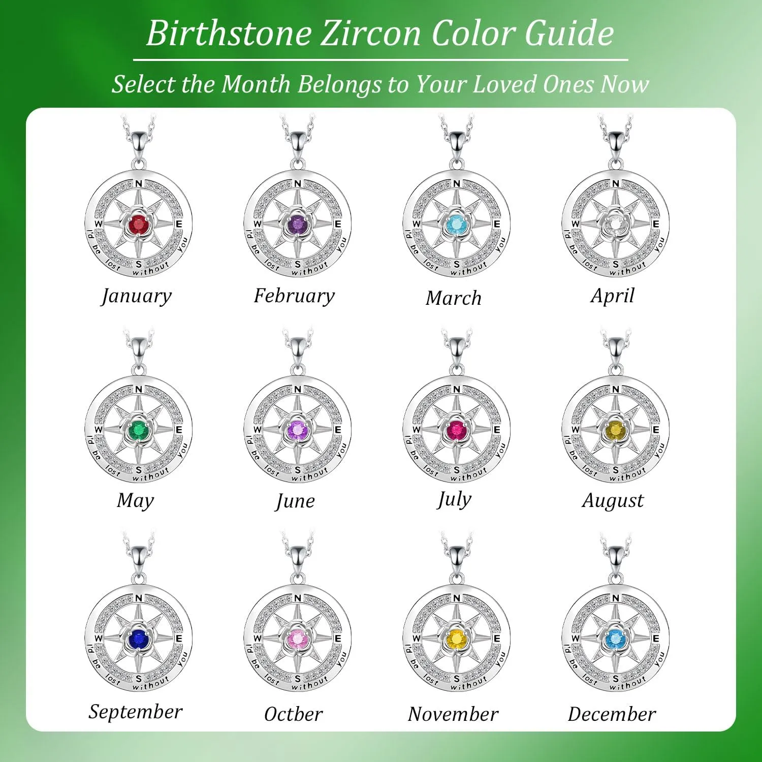Compass Necklace Gifts for Women Wife, S925 Sterling Silver Birthstone Necklaces for Mom, I'd Be Lost Without You' Anniversary Birthday Gifts for Her, Valentines Day Christmas Gifts Jewelry for Women