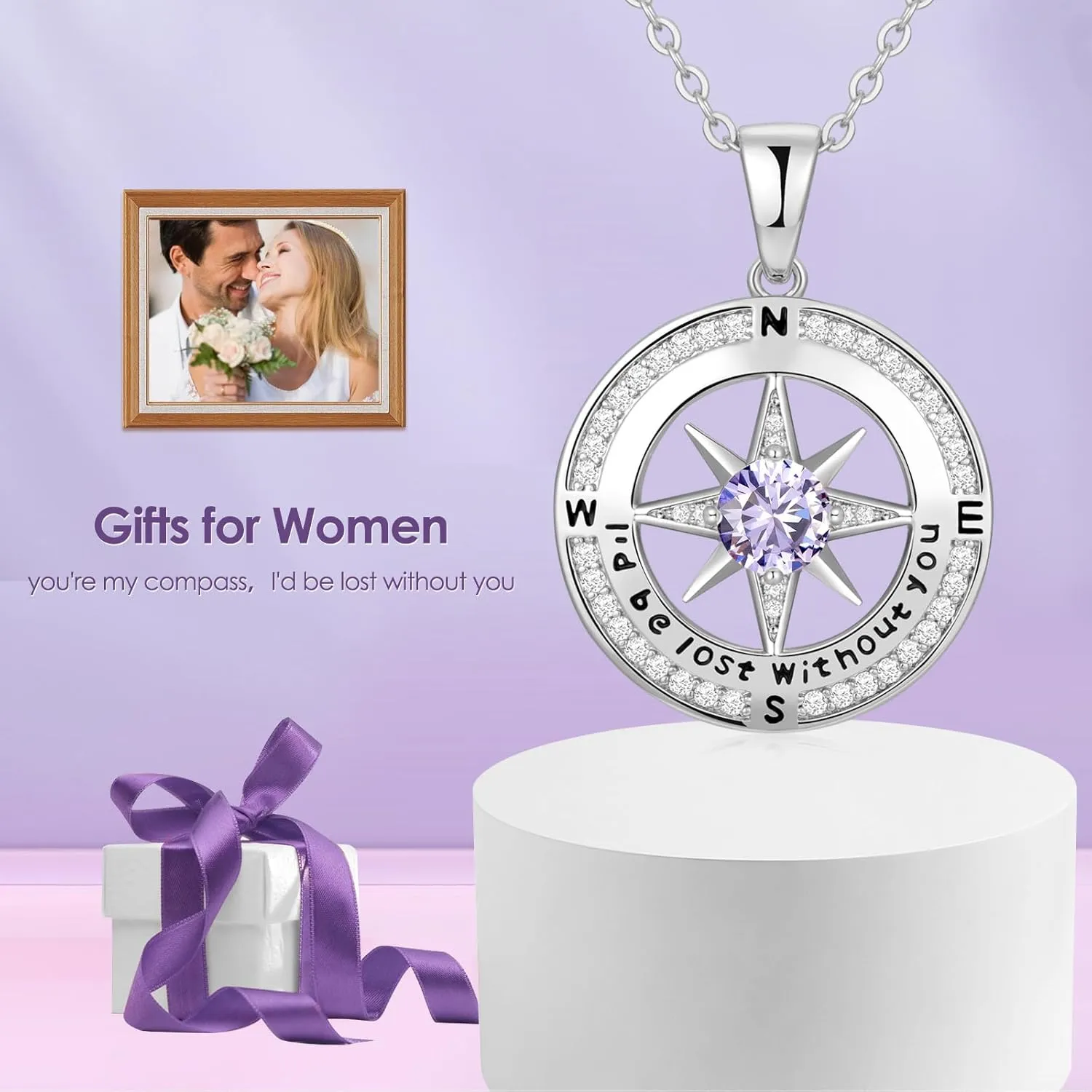 Compass Necklace Gifts for Women wife - S925 Sterling Silver Birthstone Necklaces for Women - Anniversary Birthday Gifts for Her Wife Girlfriend - Valentines Mom Mothers Day Christmas Gifts Jewelry for Women