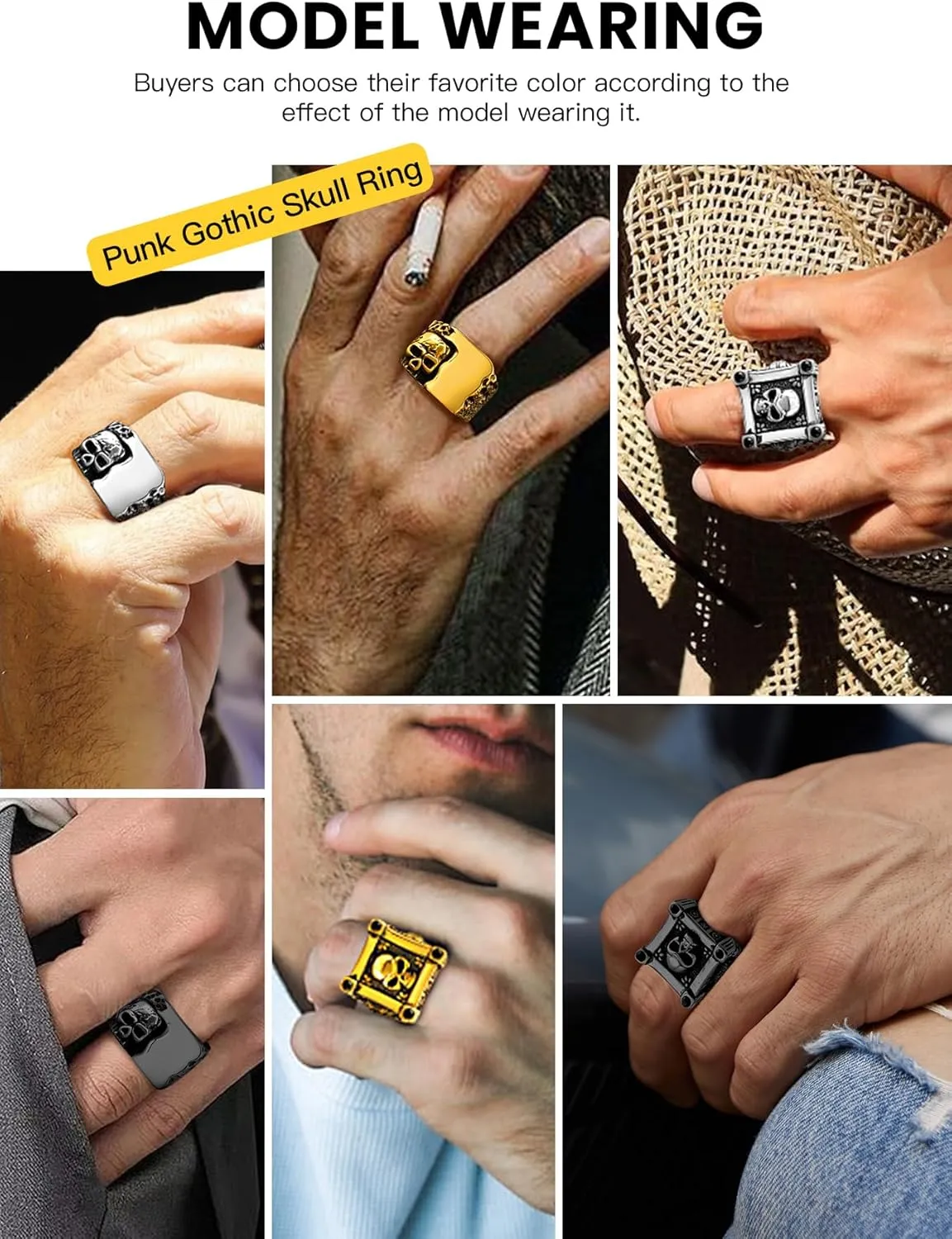 Cool Retro Skull Rings 316L Stainless Steel/18K Gold/Black Gothic Skull Band Rings Faith Jewelry for Men Women, Size7-14 with Gift Box