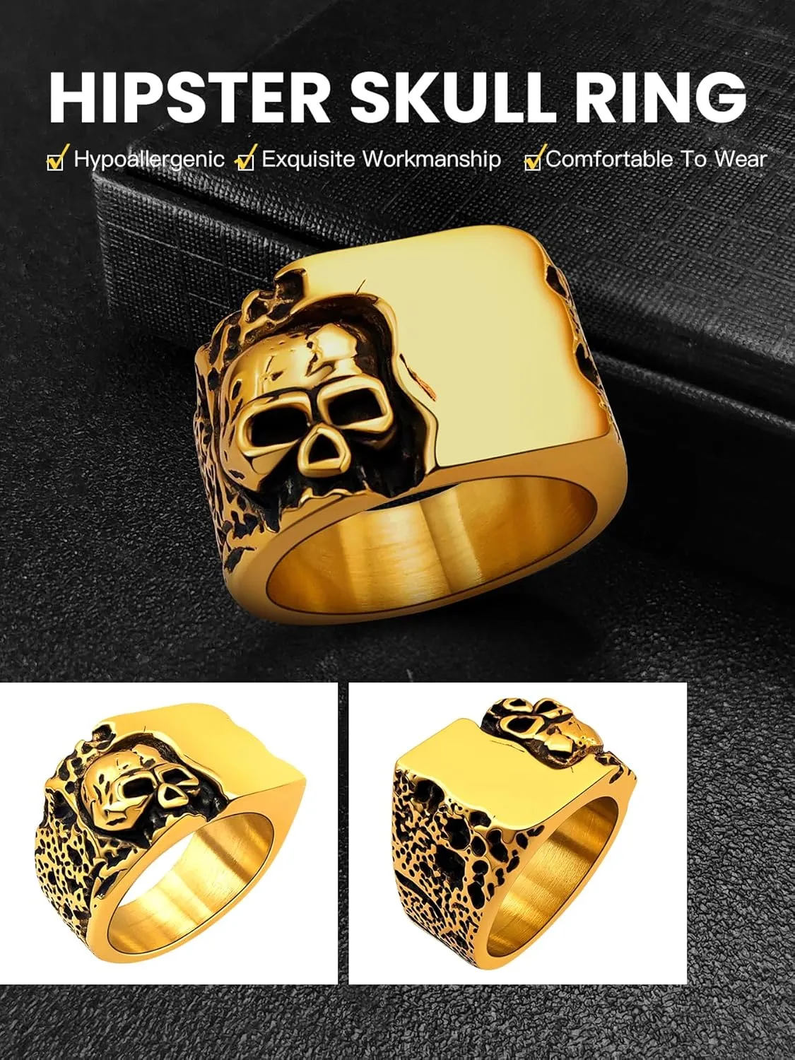Cool Retro Skull Rings 316L Stainless Steel/18K Gold/Black Gothic Skull Band Rings Faith Jewelry for Men Women, Size7-14 with Gift Box