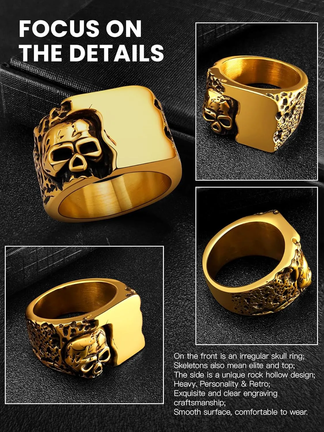 Cool Retro Skull Rings 316L Stainless Steel/18K Gold/Black Gothic Skull Band Rings Faith Jewelry for Men Women, Size7-14 with Gift Box