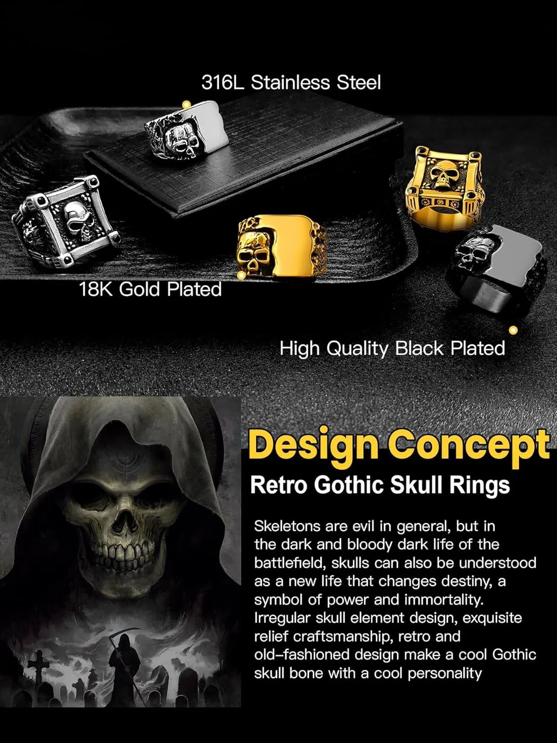 Cool Retro Skull Rings 316L Stainless Steel/18K Gold/Black Gothic Skull Band Rings Faith Jewelry for Men Women, Size7-14 with Gift Box
