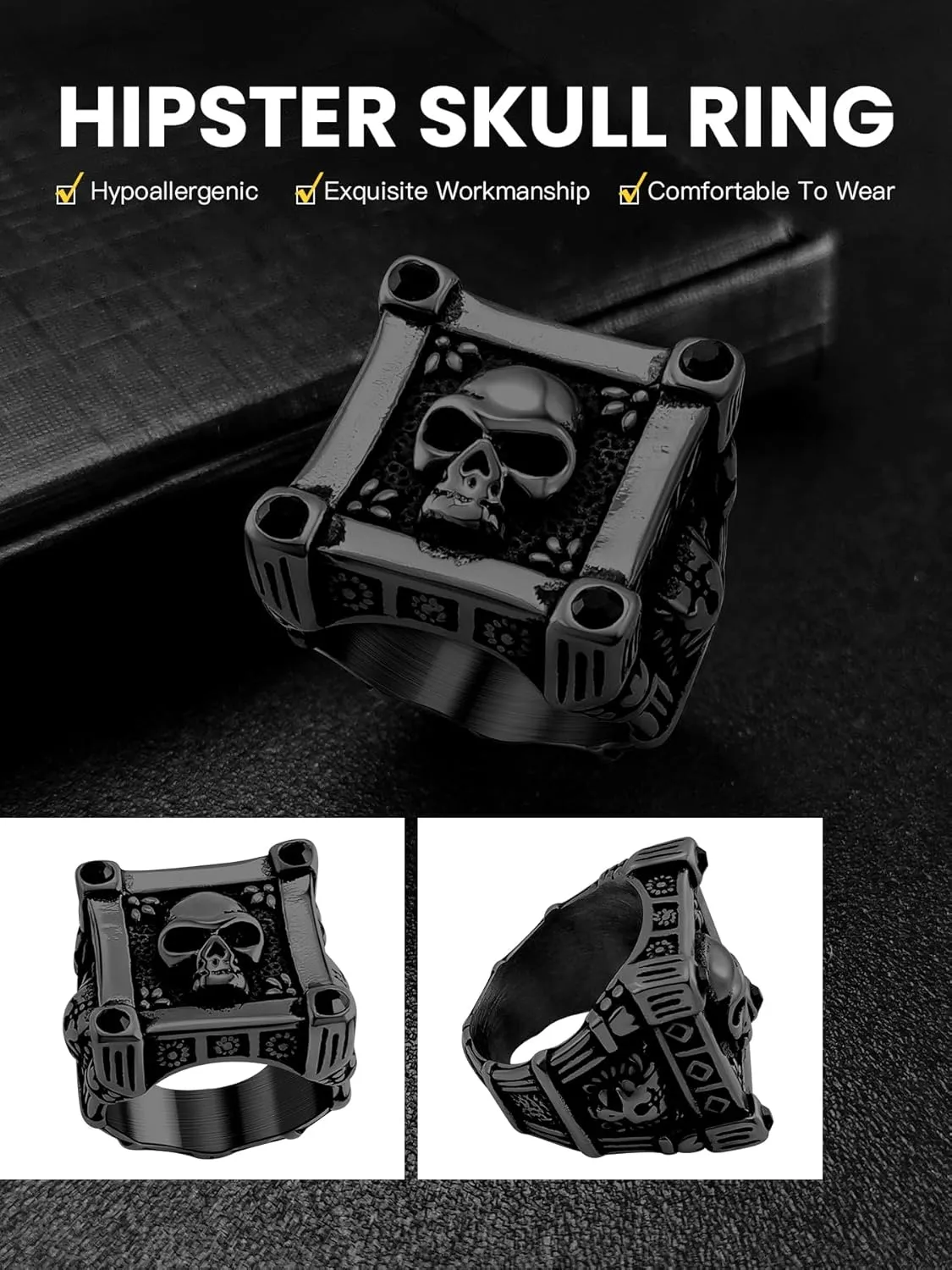 Cool Retro Skull Rings 316L Stainless Steel/18K Gold/Black Gothic Skull Band Rings Faith Jewelry for Men Women, Size7-14 with Gift Box