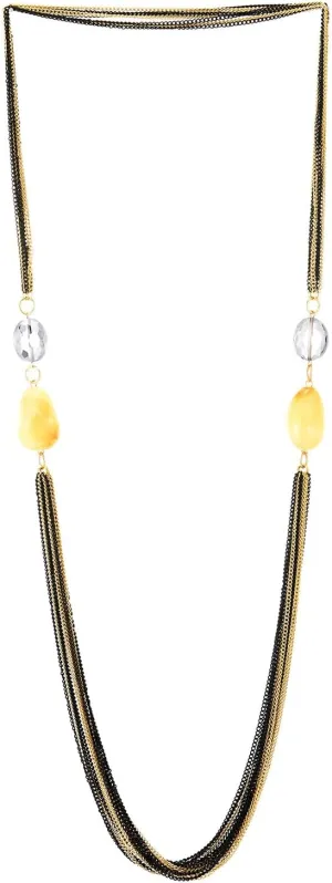 COOLSTEELANDBEYOND Long Layered Beaded Necklace, Statement Necklace Multi-Strand Gold Black Long Chains with Gem Stone