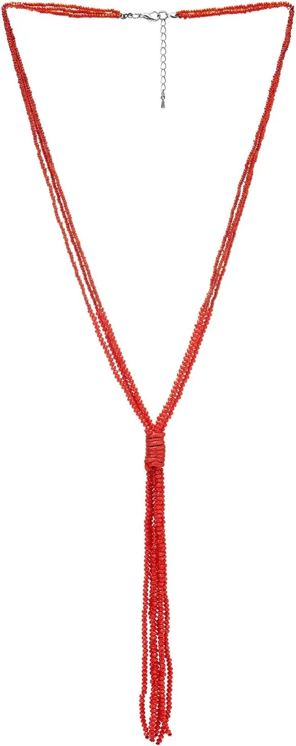 COOLSTEELANDBEYOND Red Beads Lariat Necklace, Y-Shaped Long Statement Necklace Multi-Strand Chains with Crystal Beads