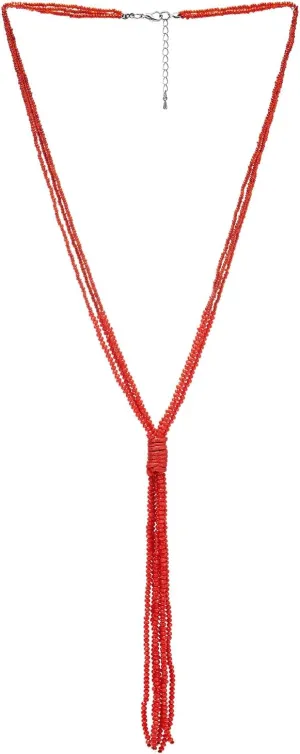 COOLSTEELANDBEYOND Red Beads Lariat Necklace, Y-Shaped Long Statement Necklace Multi-Strand Chains with Crystal Beads