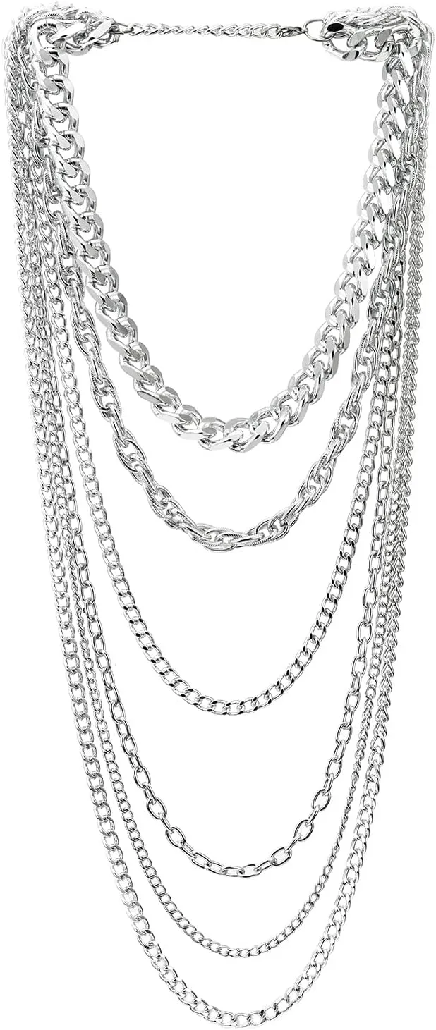 COOLSTEELANDBEYOND Silver Color Statement Necklace Waterfall Multi-Strand Curb Link Rolo Chains, Punk Rock Cool