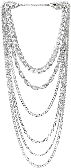 COOLSTEELANDBEYOND Silver Color Statement Necklace Waterfall Multi-Strand Curb Link Rolo Chains, Punk Rock Cool