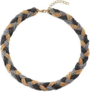 COOLSTEELANDBEYOND Unique Silver Grey Black Gold Statement Necklace Multi-Layer Braided Chains Bib Choker Collar, Party