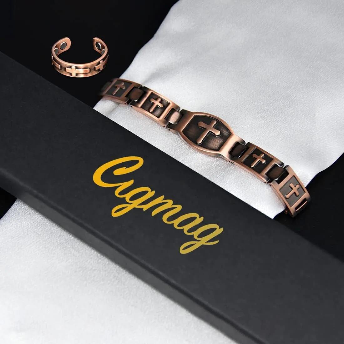 Copper Bracelet for Men Double Row Ultra Strength Magnets Pure Copper Magnetic Bracelet & Ring with Adjustable Sizing Tool (Cross)