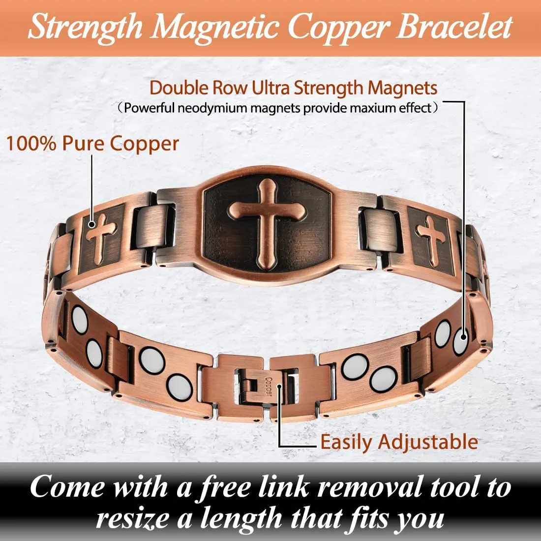 Copper Bracelet for Men Double Row Ultra Strength Magnets Pure Copper Magnetic Bracelet & Ring with Adjustable Sizing Tool (Cross)