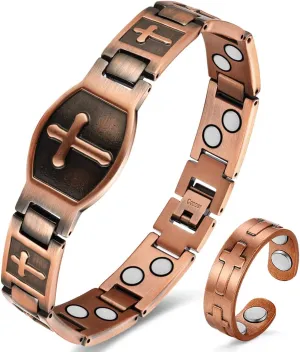 Copper Bracelet for Men Double Row Ultra Strength Magnets Pure Copper Magnetic Bracelet & Ring with Adjustable Sizing Tool (Cross)