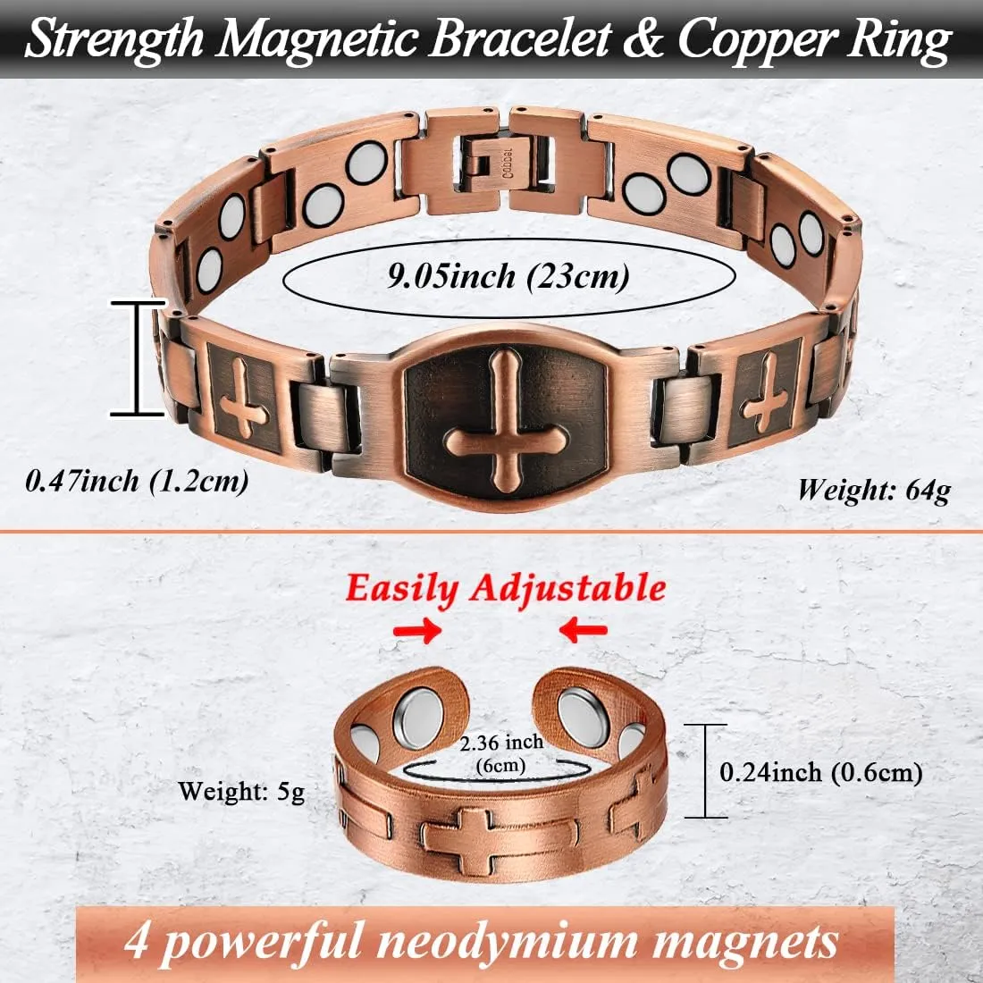 Copper Bracelet for Men Double Row Ultra Strength Magnets Pure Copper Magnetic Bracelet & Ring with Adjustable Sizing Tool (Cross)
