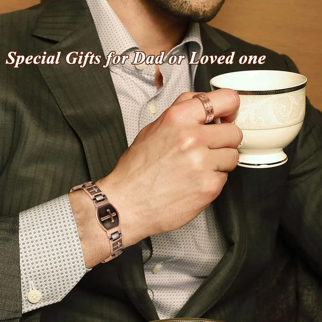 Copper Bracelet for Men Double Row Ultra Strength Magnets Pure Copper Magnetic Bracelet & Ring with Adjustable Sizing Tool (Cross)