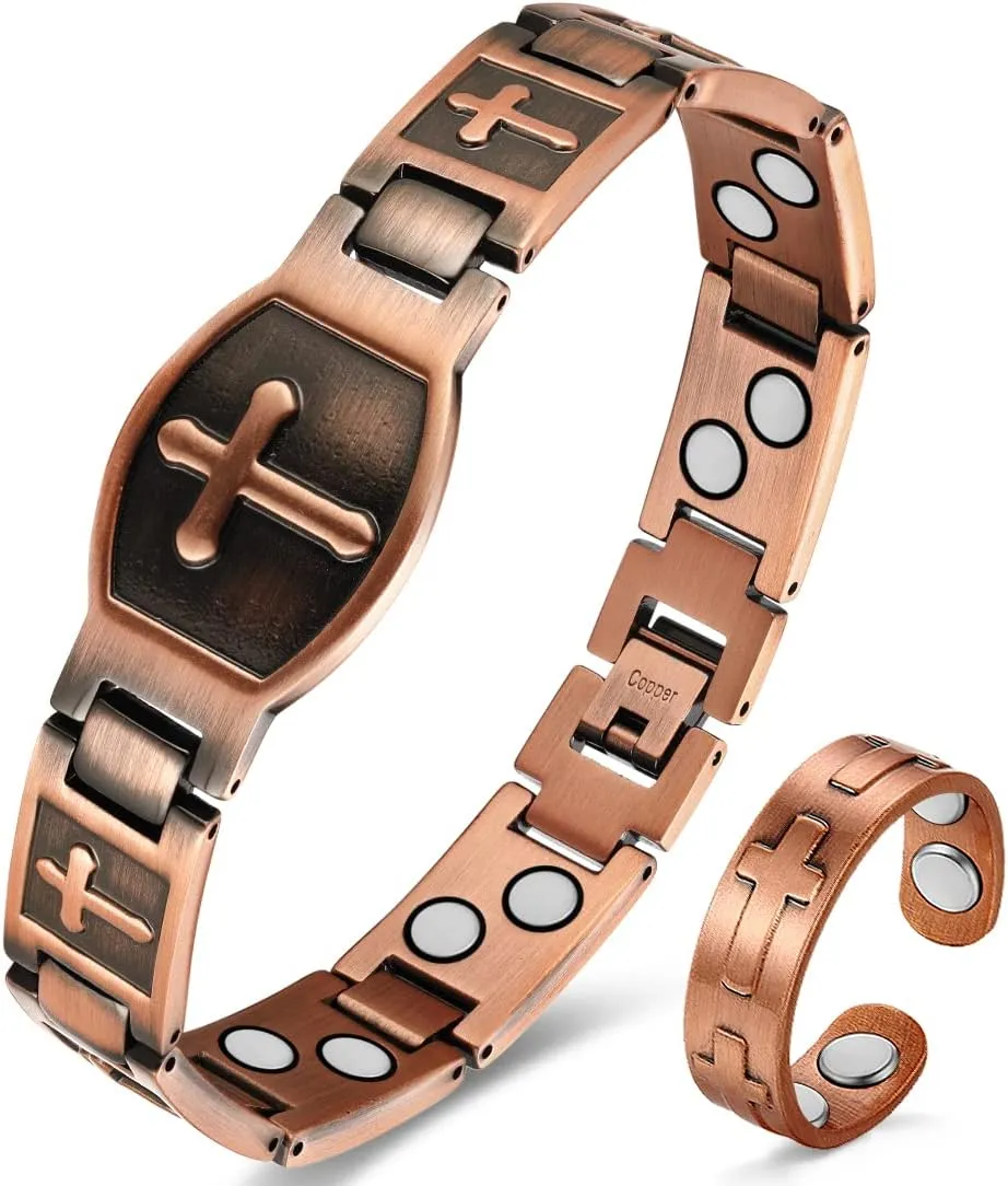 Copper Bracelet for Men Double Row Ultra Strength Magnets Pure Copper Magnetic Bracelet & Ring with Adjustable Sizing Tool (Cross)