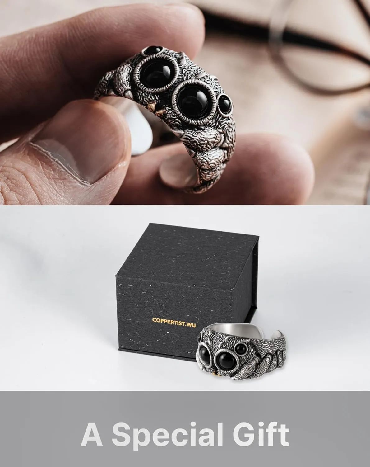 COPPERTIST.WU Jumping Spider Ring for Men Women, Black Agate 925 Sterling Silver Open Rings Personalized Spiders Jewelry Gifts