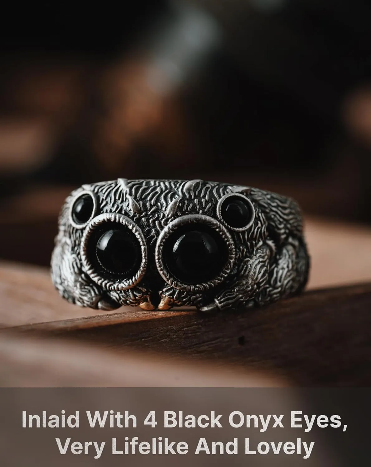 COPPERTIST.WU Jumping Spider Ring for Men Women, Black Agate 925 Sterling Silver Open Rings Personalized Spiders Jewelry Gifts