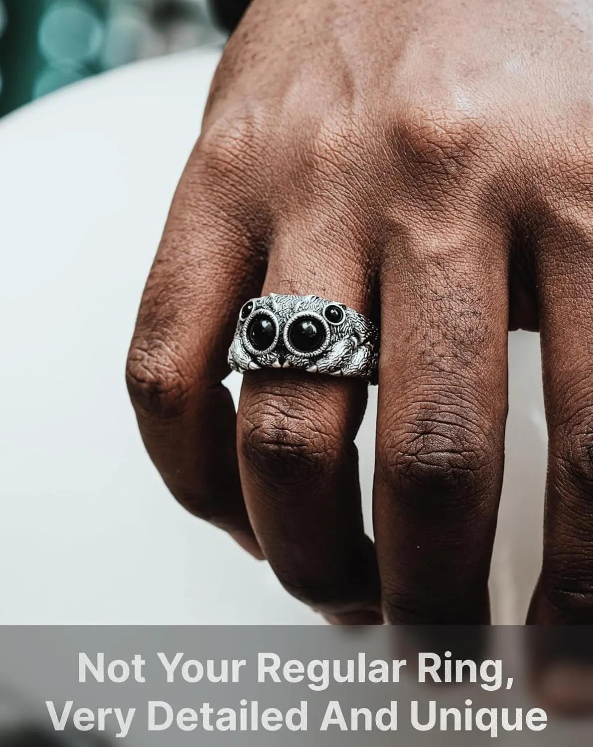 COPPERTIST.WU Jumping Spider Ring for Men Women, Black Agate 925 Sterling Silver Open Rings Personalized Spiders Jewelry Gifts