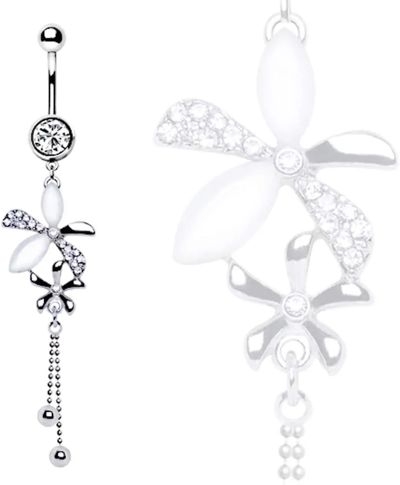 Covet Jewelry 316L Stainless Steel Cat's Eye Flower Dangle Navel Ring