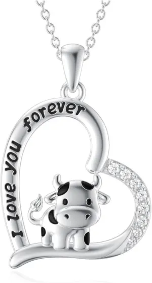 Cow Crystal Heart Pendant Necklace Cute Animal Jewelry Statement Necklace for Women and Mom