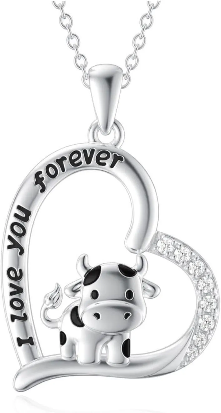 Cow Crystal Heart Pendant Necklace Cute Animal Jewelry Statement Necklace for Women and Mom