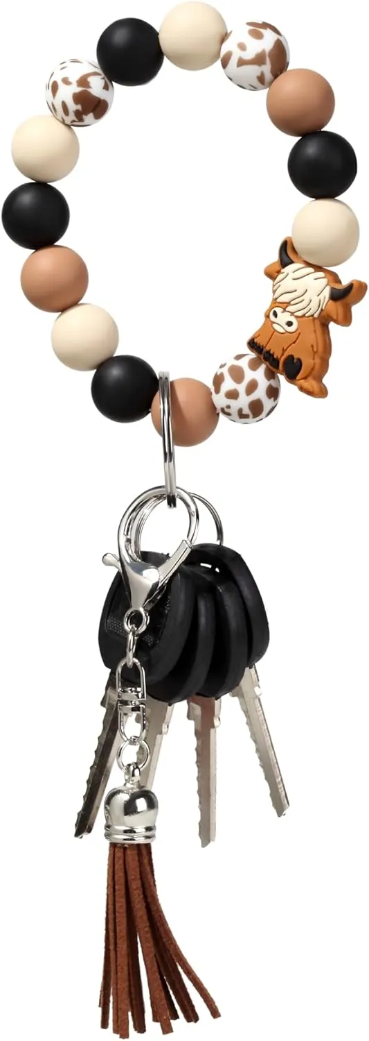Cow Skull Leopard Print Silicone Beaded Bracelet Keychain Wristlet Key Chains Halloween Gifts for Women