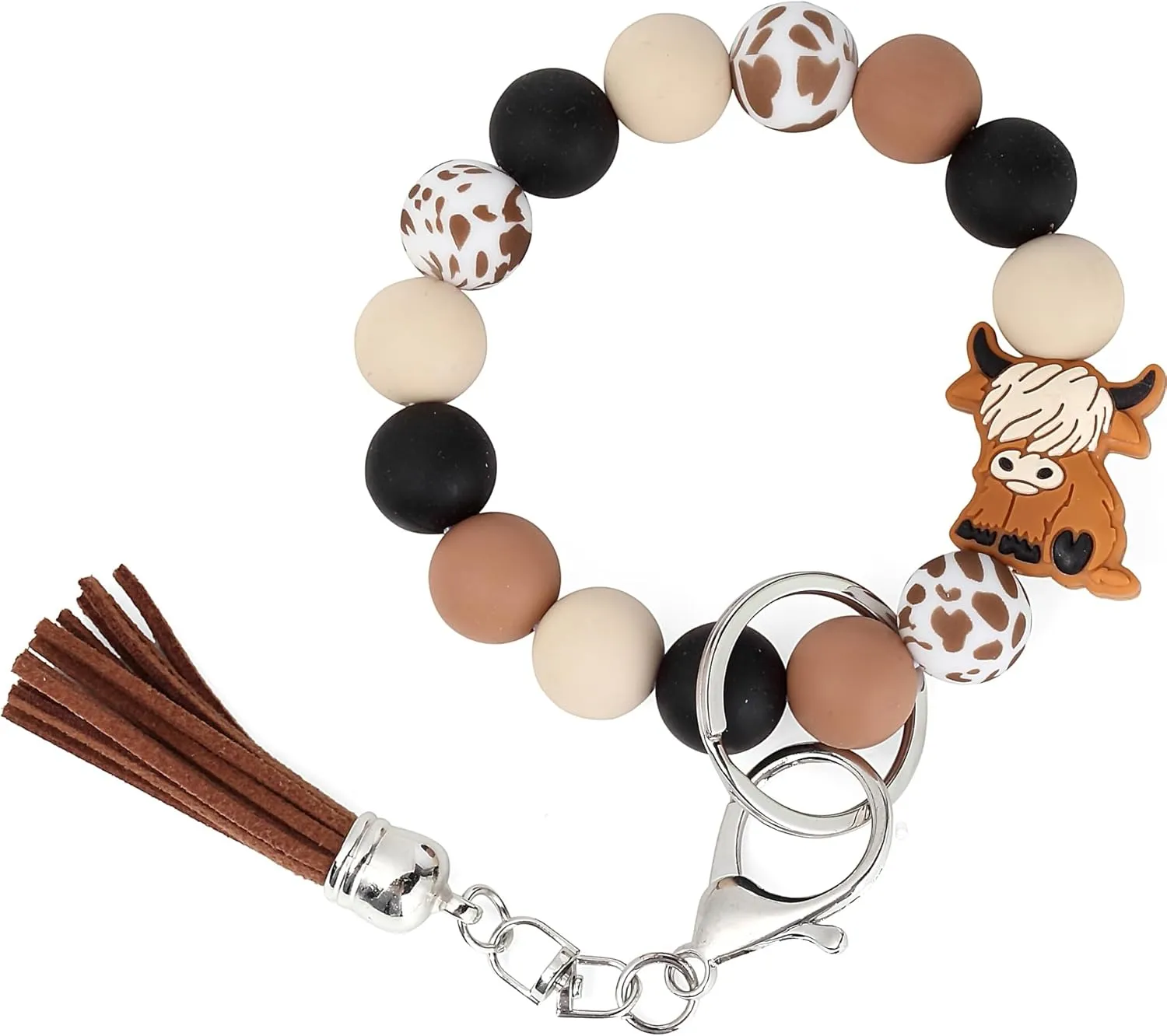 Cow Skull Leopard Print Silicone Beaded Bracelet Keychain Wristlet Key Chains Halloween Gifts for Women