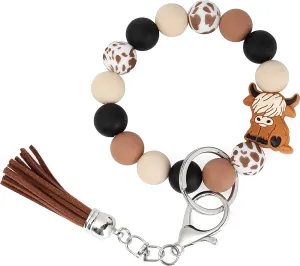 Cow Skull Leopard Print Silicone Beaded Bracelet Keychain Wristlet Key Chains Halloween Gifts for Women