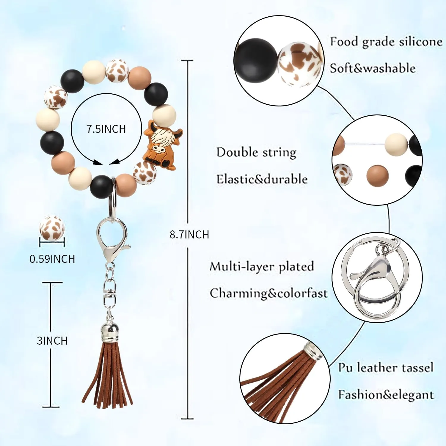 Cow Skull Leopard Print Silicone Beaded Bracelet Keychain Wristlet Key Chains Halloween Gifts for Women