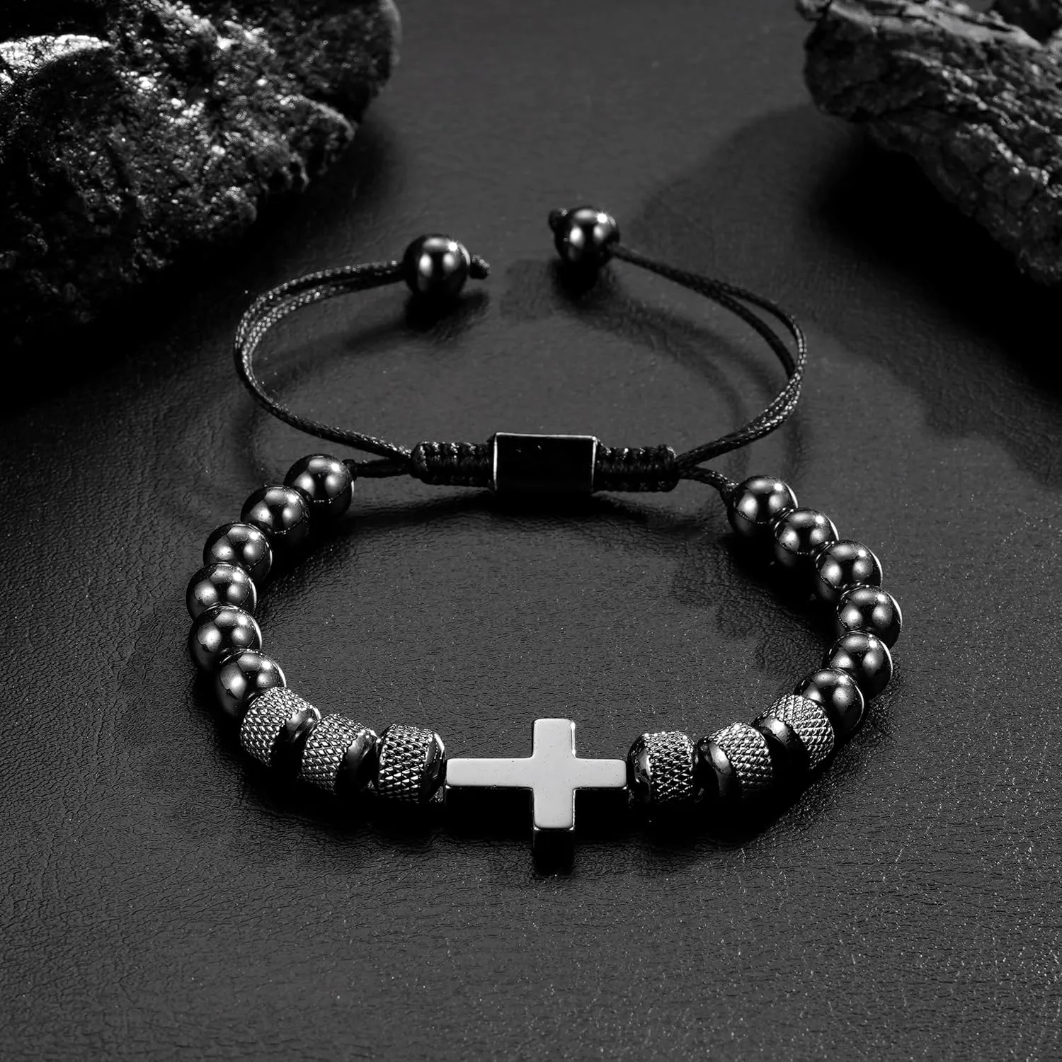 Cross Bracelet for Boys Men, Adjustable Obsidian Beads Cross First Communion Confirmation Easter Christian Religious Bapstim Jewelry Gifts for Teenage Teen Boys Son Grandson