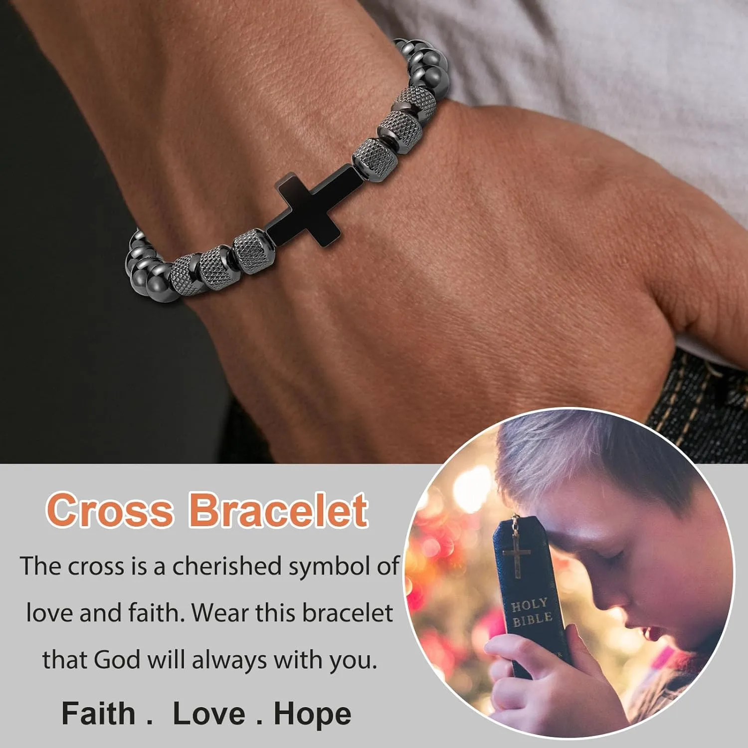 Cross Bracelet for Boys Men, Adjustable Obsidian Beads Cross First Communion Confirmation Easter Christian Religious Bapstim Jewelry Gifts for Teenage Teen Boys Son Grandson